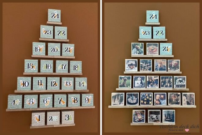 Adventskalender aus Klötzchen und Fotoblöcken aus Holz in Form eines Tannenbaums