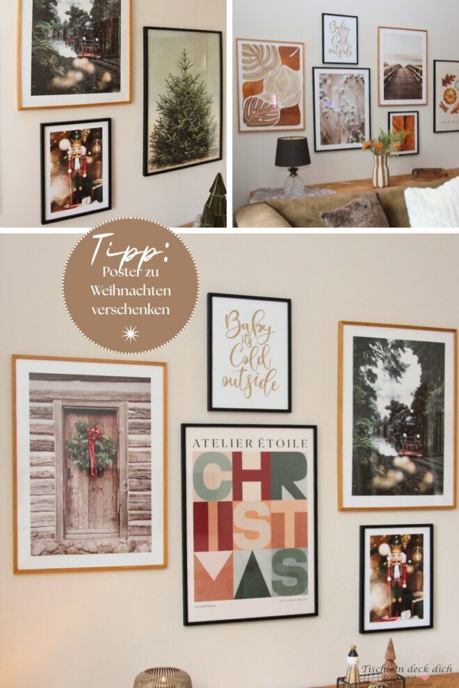 Wandgestaltung mit Postern im Rahmen im Wohnzimmer hinter dem Sofa