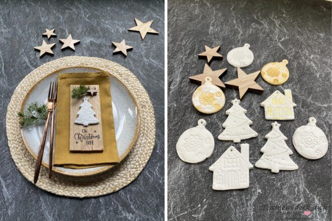 weihnachtliche Serviettengestaltung mit Klötzchen und Häuschen aus weißer Modelliermasse