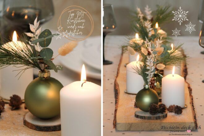 natürliche weihnachtliche Dekoration auf langem Holzbrett in den Farben grün, weiß, natur