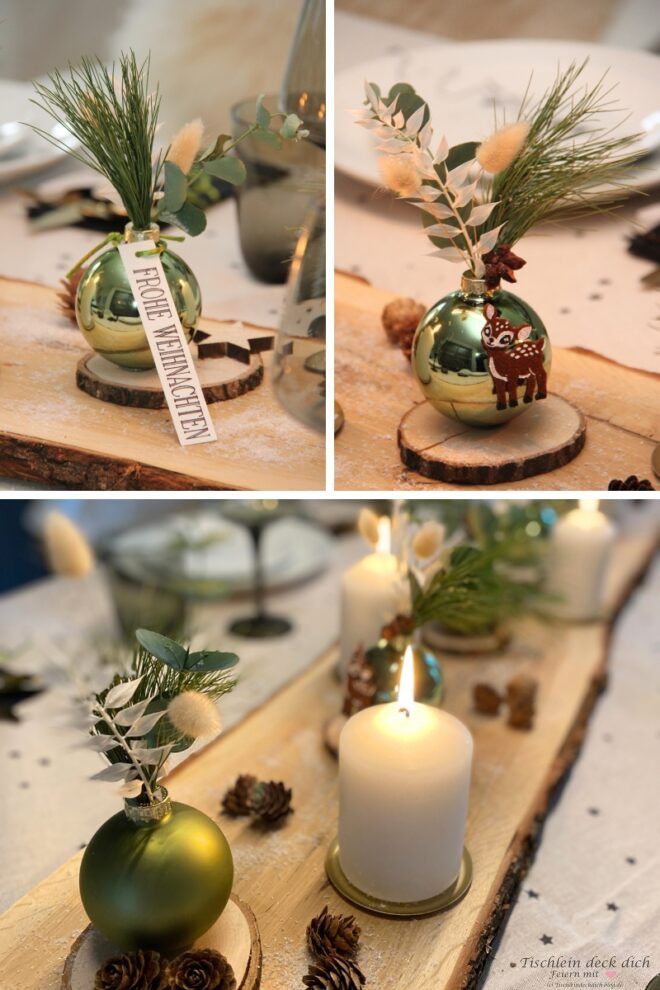 Grüne Weihnachtskugel als kleine Blumenvase mit Eukalyptus weihnachtlich dekoriert