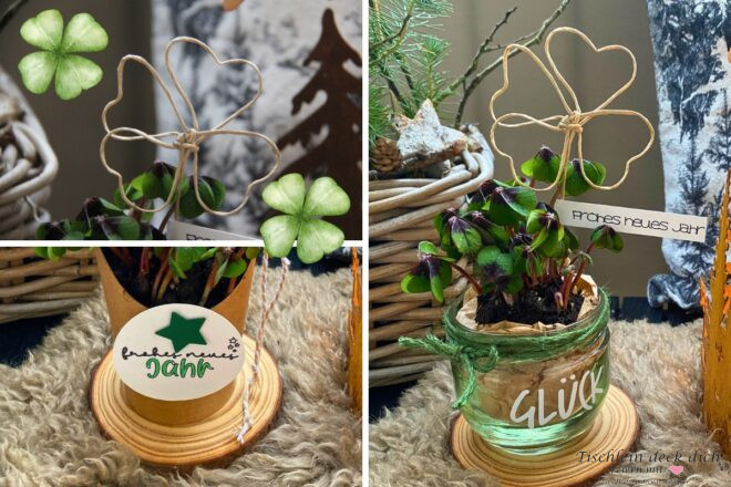 Gluecksklee mit Kleeblatt aus Papierdraht im Marmeladenglas Glueck