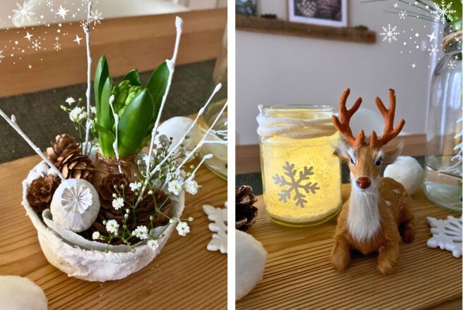 Holzbrett winterlich dekoriert mit Blumengesteck in Gipsschale