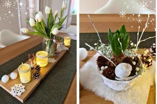 winterliche Tischdeko auf Holzbrett