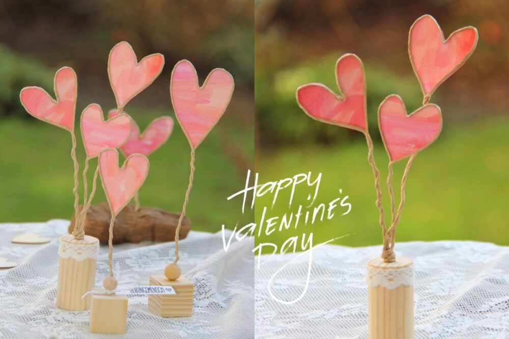 handgemachte Valentinstag Deko Herzen aus Papierdraht und Aquarellpapier