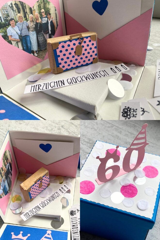 Expolsionsbox in rosa und blau zum runden Geburtstag der Freundin