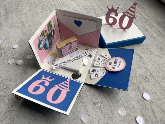 Explosionsbox basteln fuer Freundin zum runden Geburtstag