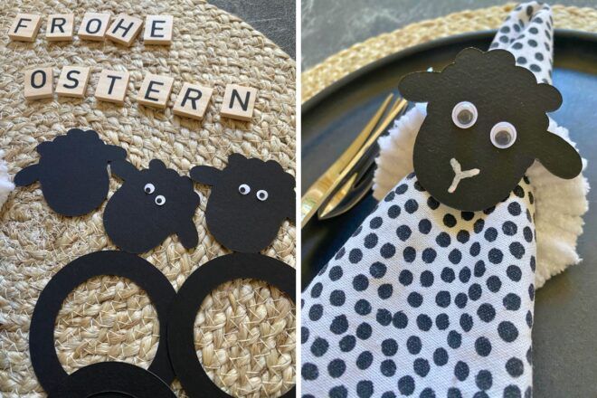 österlicher Serviettenring Schaf auf Pappring mit Wolle