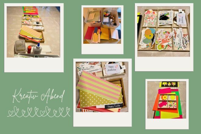 Bastelmaterial wie Papier, Schere und Kleber, Sticker aus Tonkarton auf einem Tisch