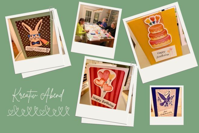 Frauen basteln gemeinsam Klappkarten an einem gemütlichen Abend