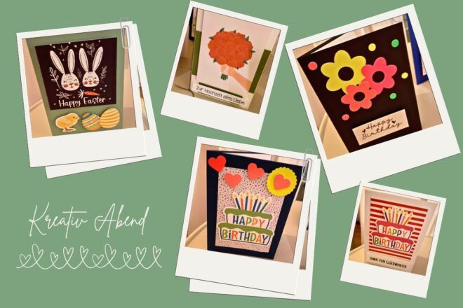 Verschiedene selbstgemachte Klappkarten aus Papier und Deko