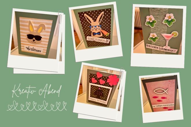 Verschiedene selbstgemachte Klappkarten aus Papier und Deko