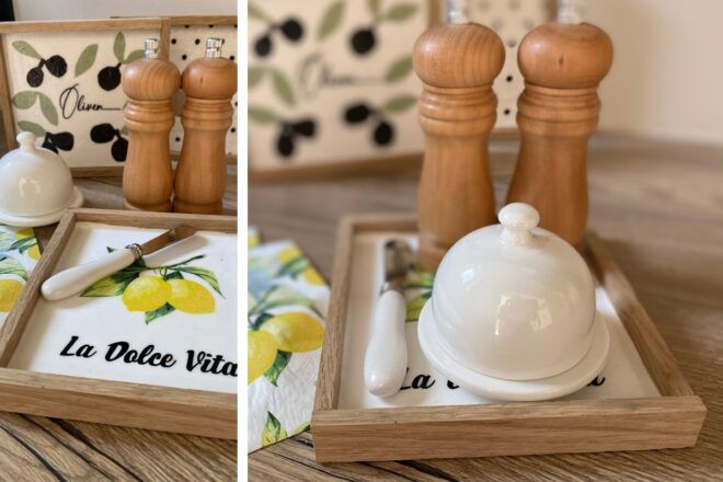 dekoriertes Holztablett aus Klötzchen mit Zitronenmuster