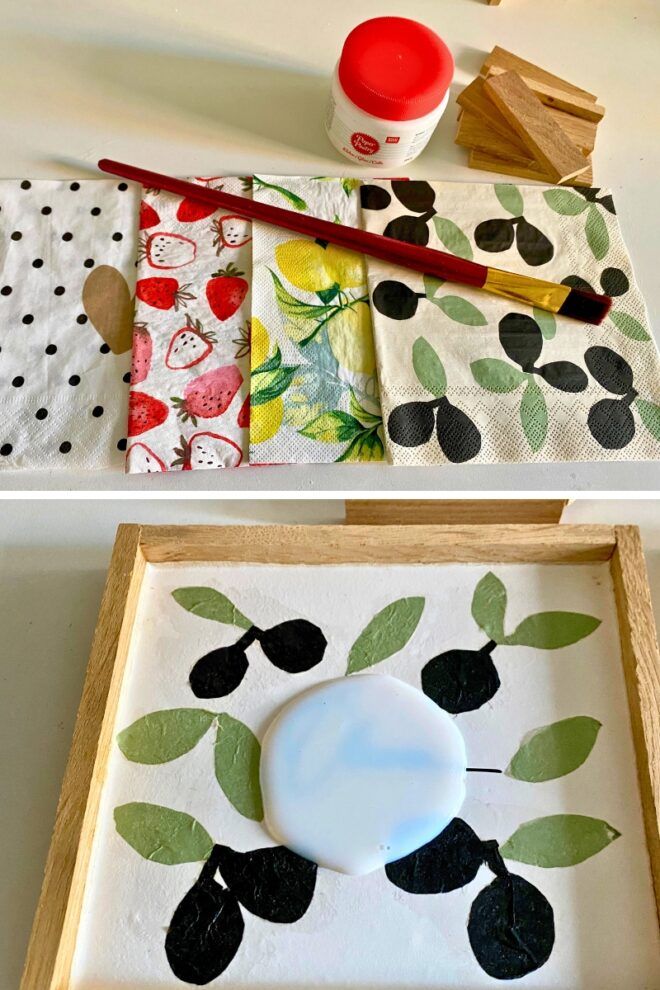 Serviettenauswahl und Kleber mit Pinsel für Serviettentechnik