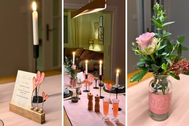 romantische Tischdekoration für ein candle light Dinner zu Hause