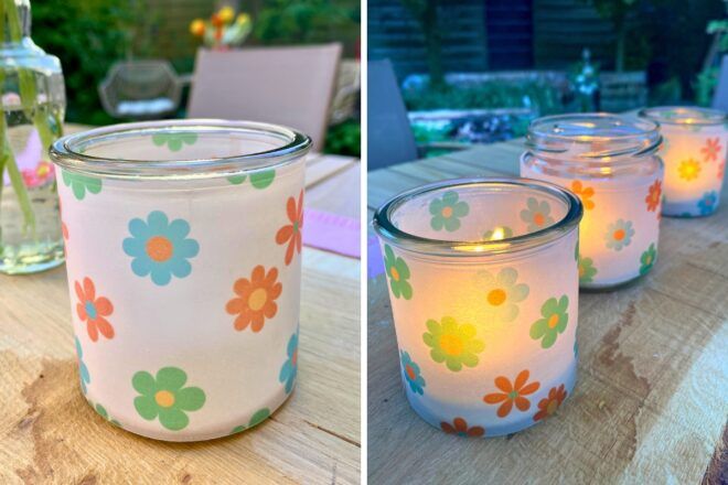 Tischdeko Sommer, Windlichter mit bunten Blumen auf Transparentpapier