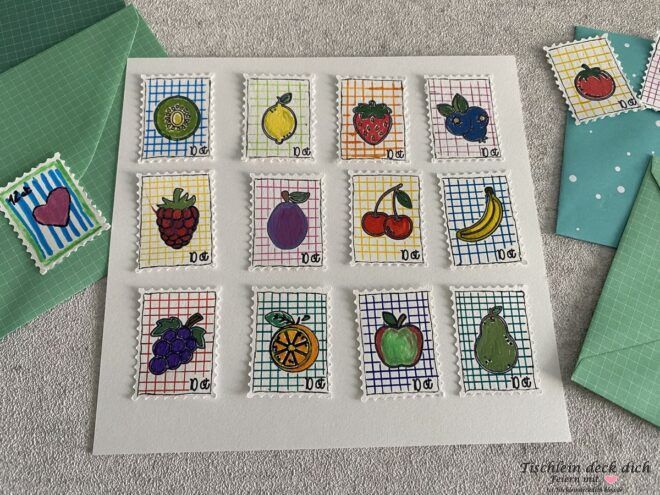 verschiedene DIY Briefmarken mit Früchten