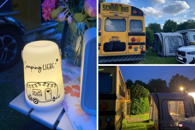 mit Schulbus Camper unterwegs auf Campingplatz Münster