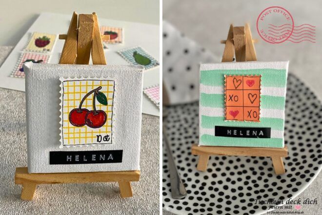 kleine Staffelei mit DIY Briefmarken auf Mini-Leinwand