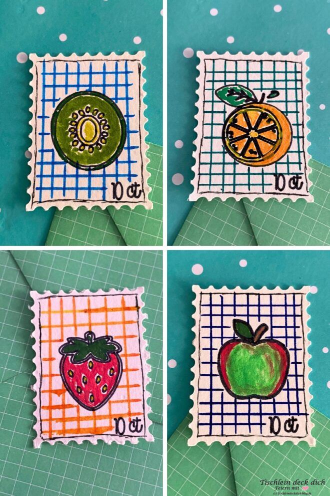 Mini Briefmarken mit Früchten mit dem Plotter gestaltet