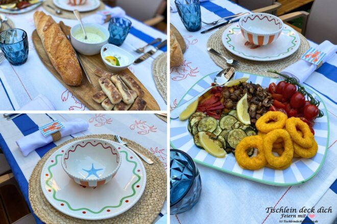 sommerliche Tischdekoidee mit Geschirr mit Hummer und blau weiß gestreifter Tischdecke