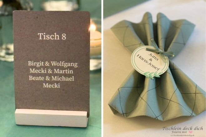 Tischkarte und Serviette für Hochzeit in eukalyptusgrün