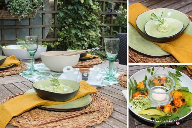 sommerliche Tischdeko mit grünem Geschirr
