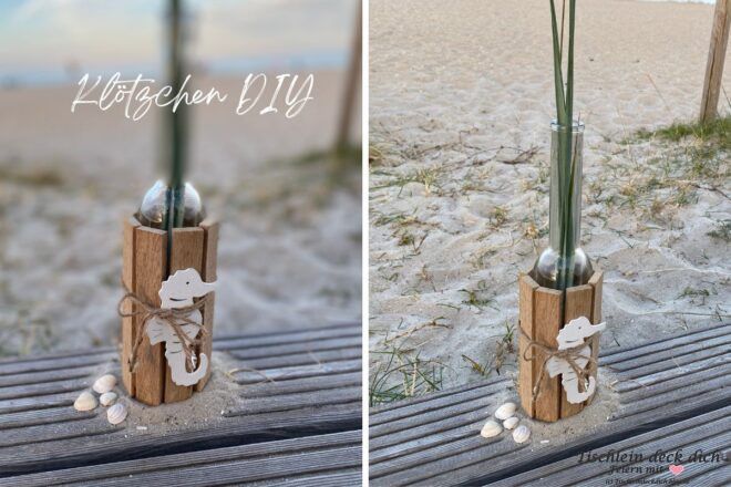 maritimes Klötzchen DIY mit Glasflasche und Seepferdchen