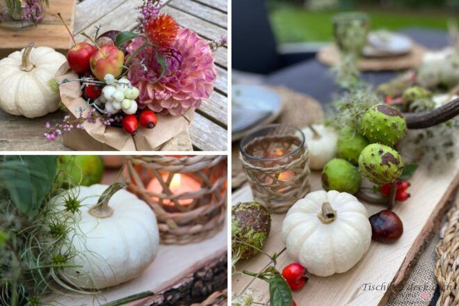 herbstliche Tischdekoration mit weißen Baby Boos Kürbissen