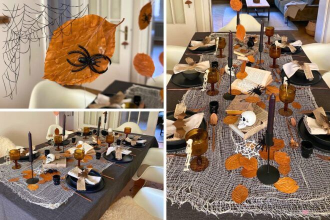 Halloween Tafel mit Herbstlauf, Totenköpfen und Spinnen